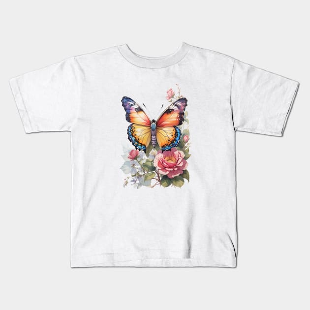 A butterfly with flowers Kids T-Shirt by Elysium Studio